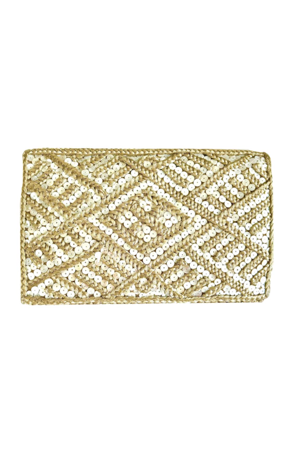 Kokommo Wakaya Metallic Aari Thread & Pearl Sequin Work Clutch