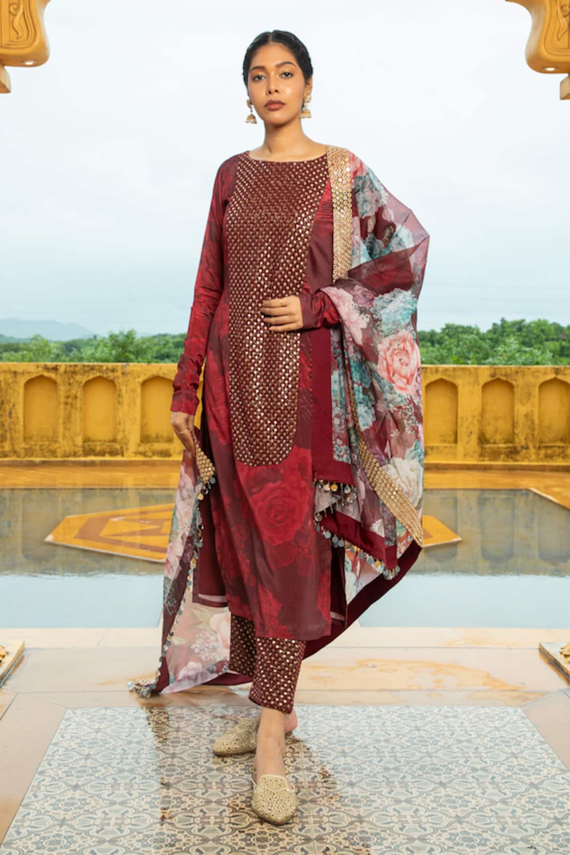 Monk & Mei By Sonia Anand Natasha Floral Print Embellished Kurta Pant Set 