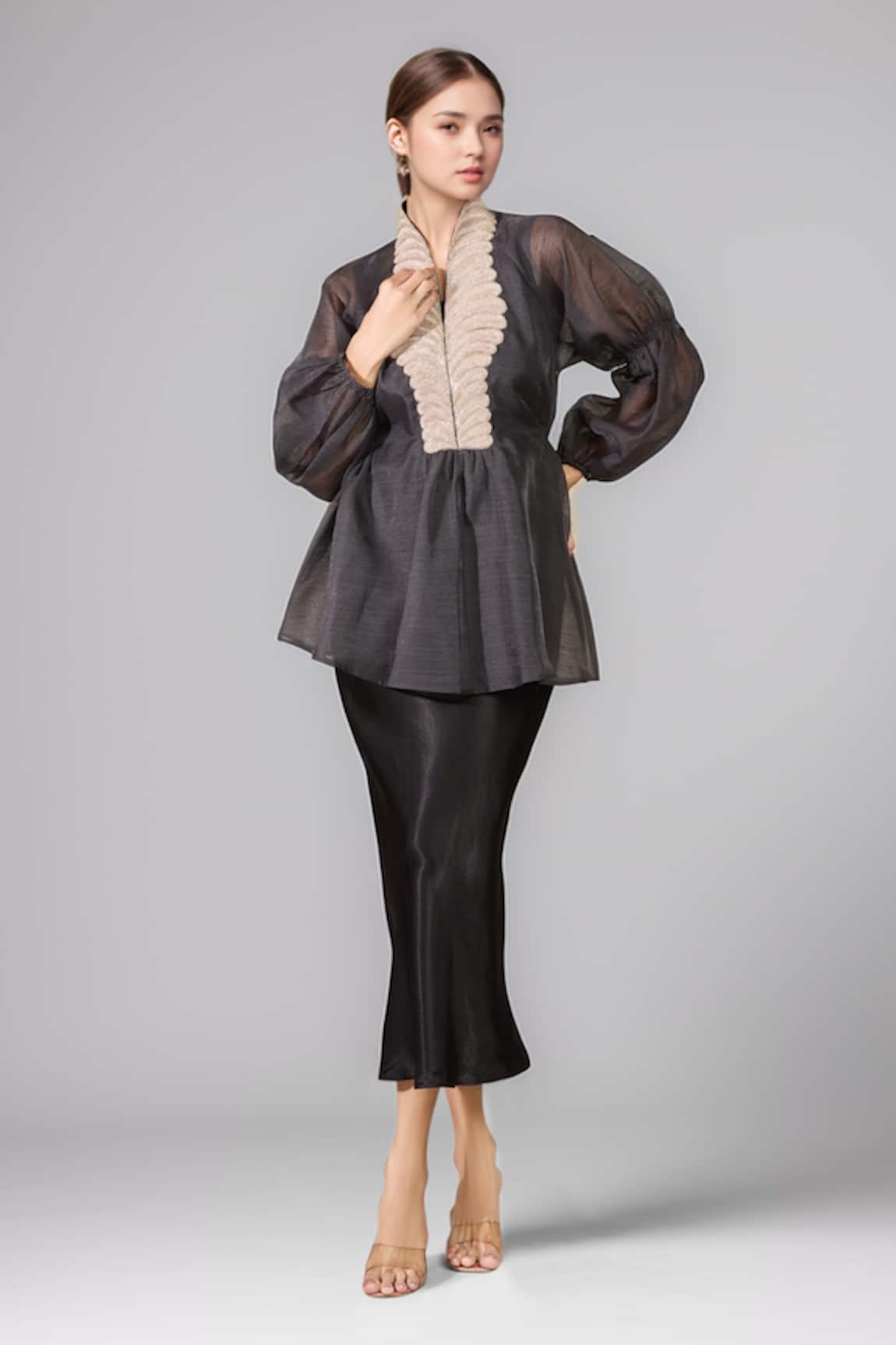 Pankaj & Nidhi Puff Sleeve Embroidered Yoke Top