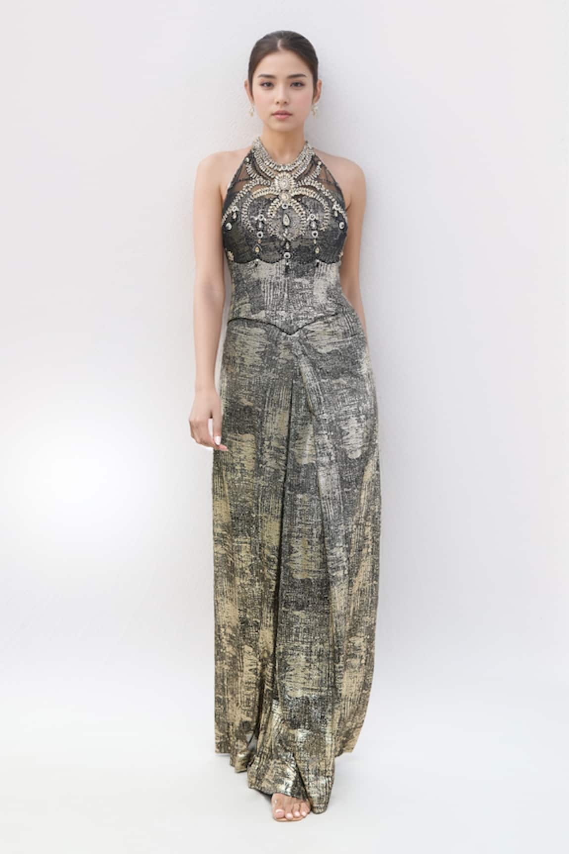 Tarun Tahiliani Crystal Embellished Corset With Draped Trouser Set 