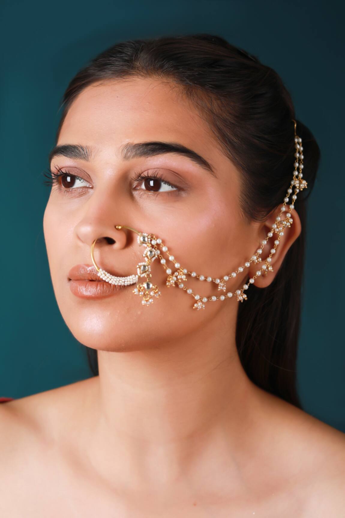 Riana Jewellery Layered Pearl Chain Nose Ring
