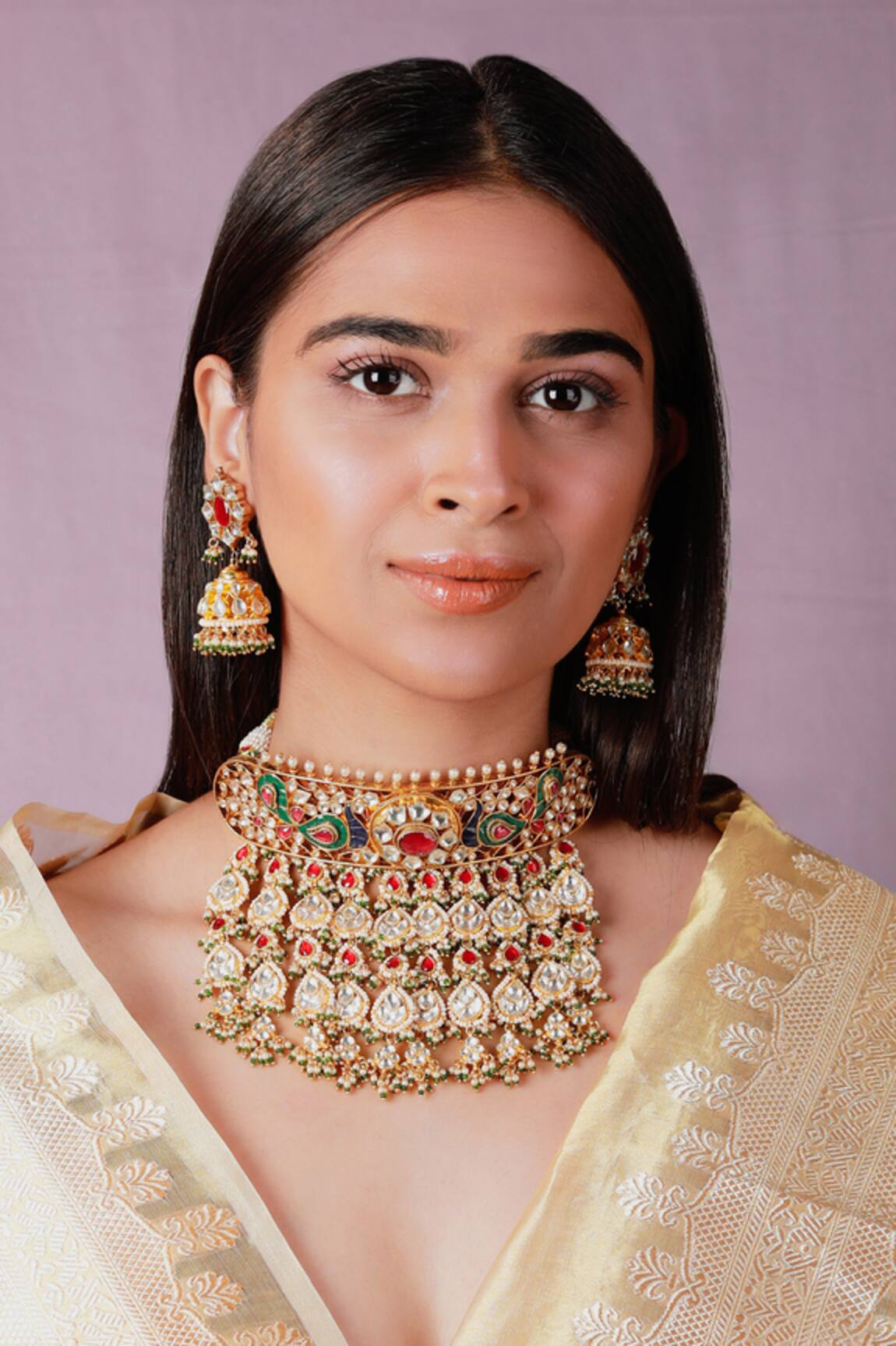 Riana Jewellery Peacock Kundan Embellished Rajwadu Choker Set 