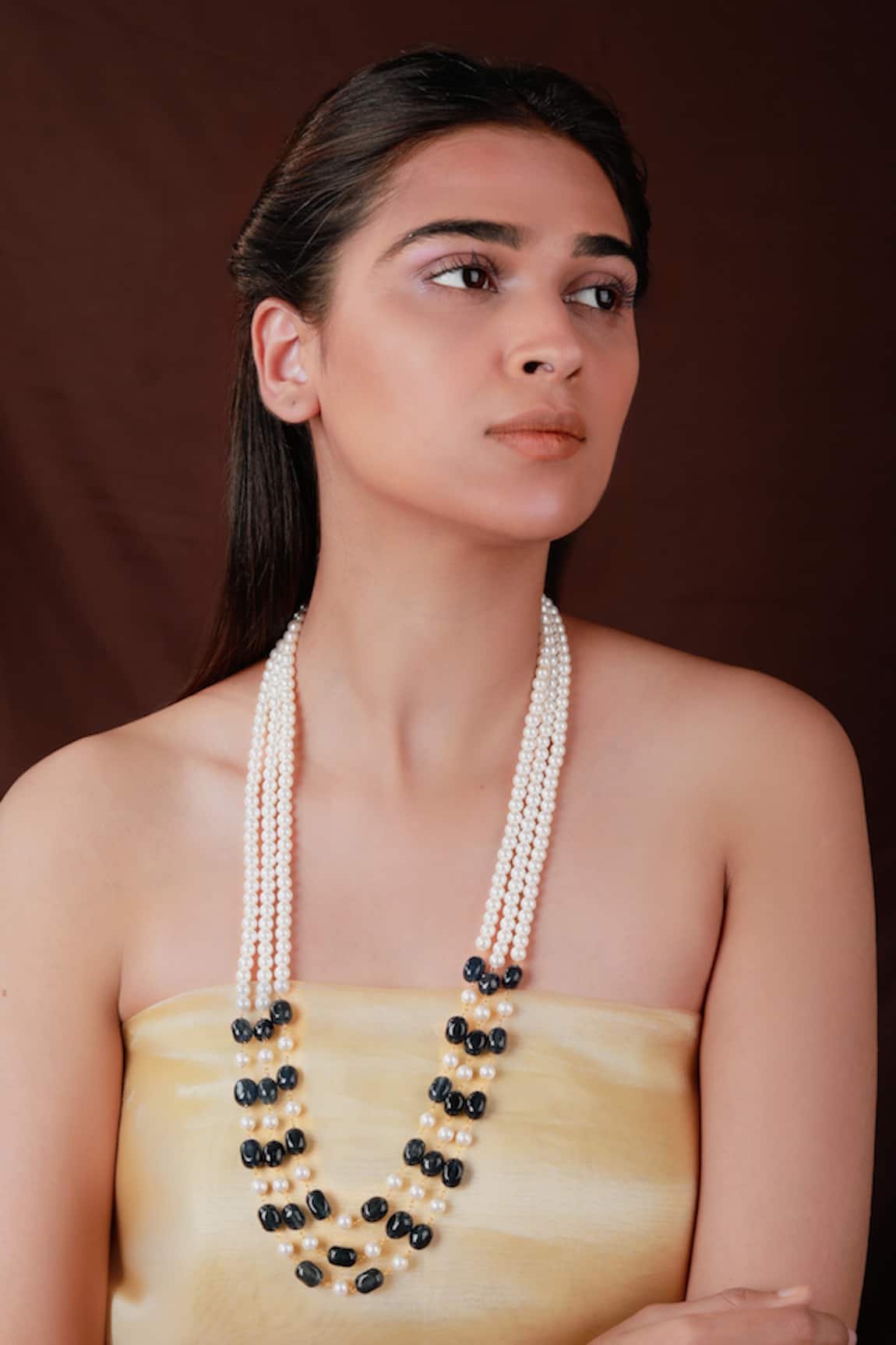 Riana Jewellery Sapphire Gemstone & Pearl Embellished Long Mala Necklace 