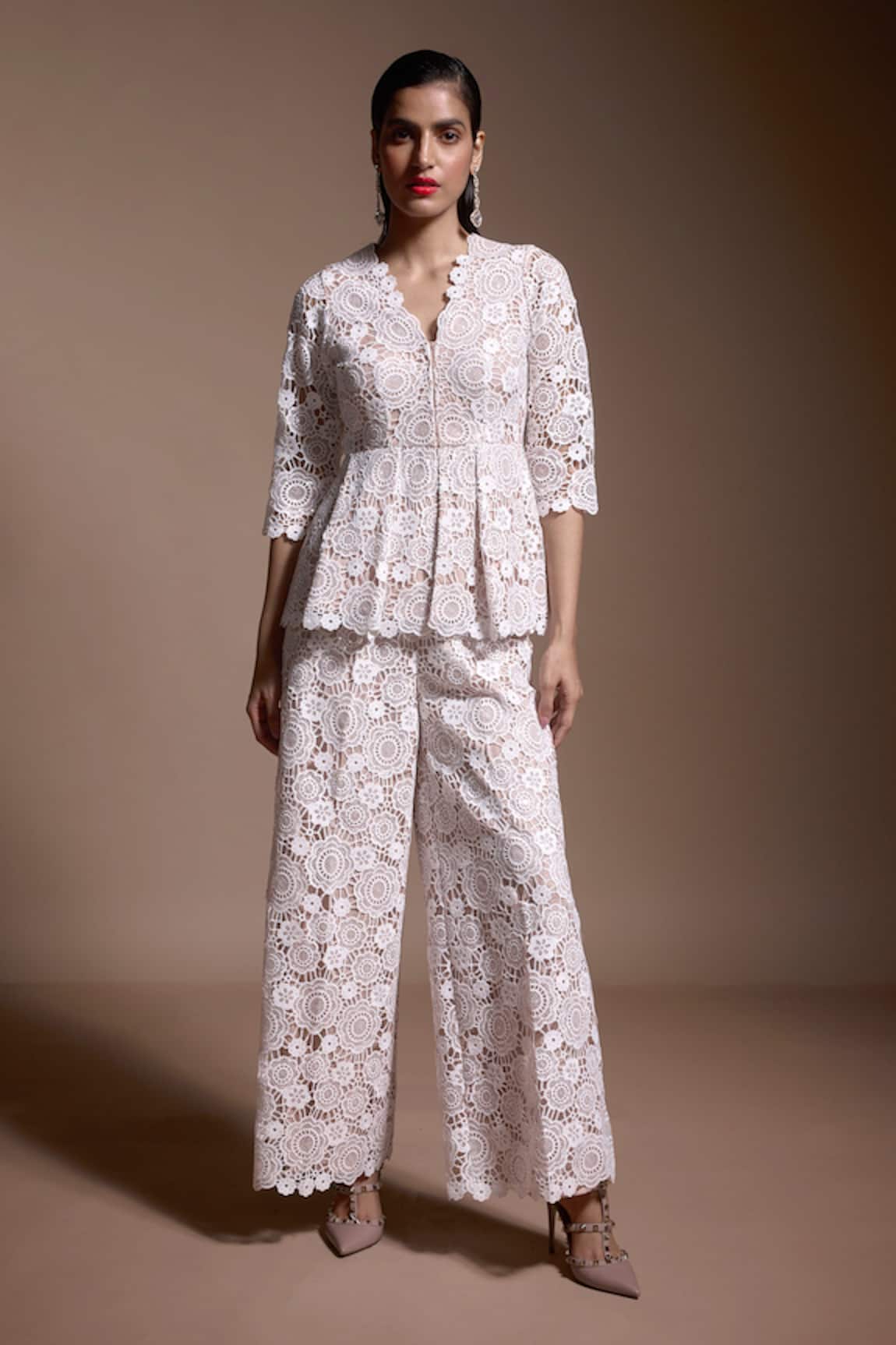 Dash And Dot Floral Lace Work Peplum Top & Pant Set 