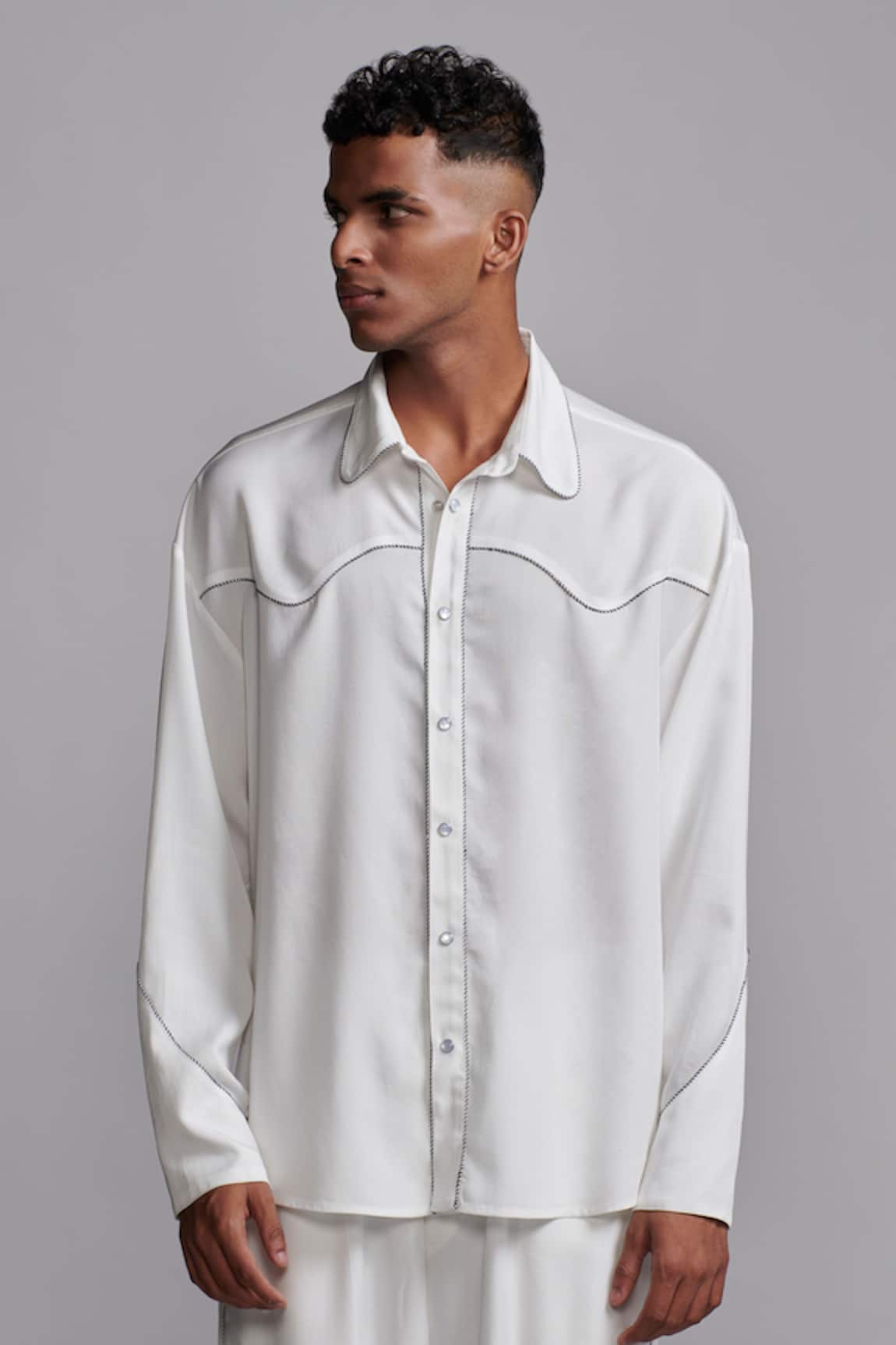 Dash And Dot Contrast Piped Plain Shirt 
