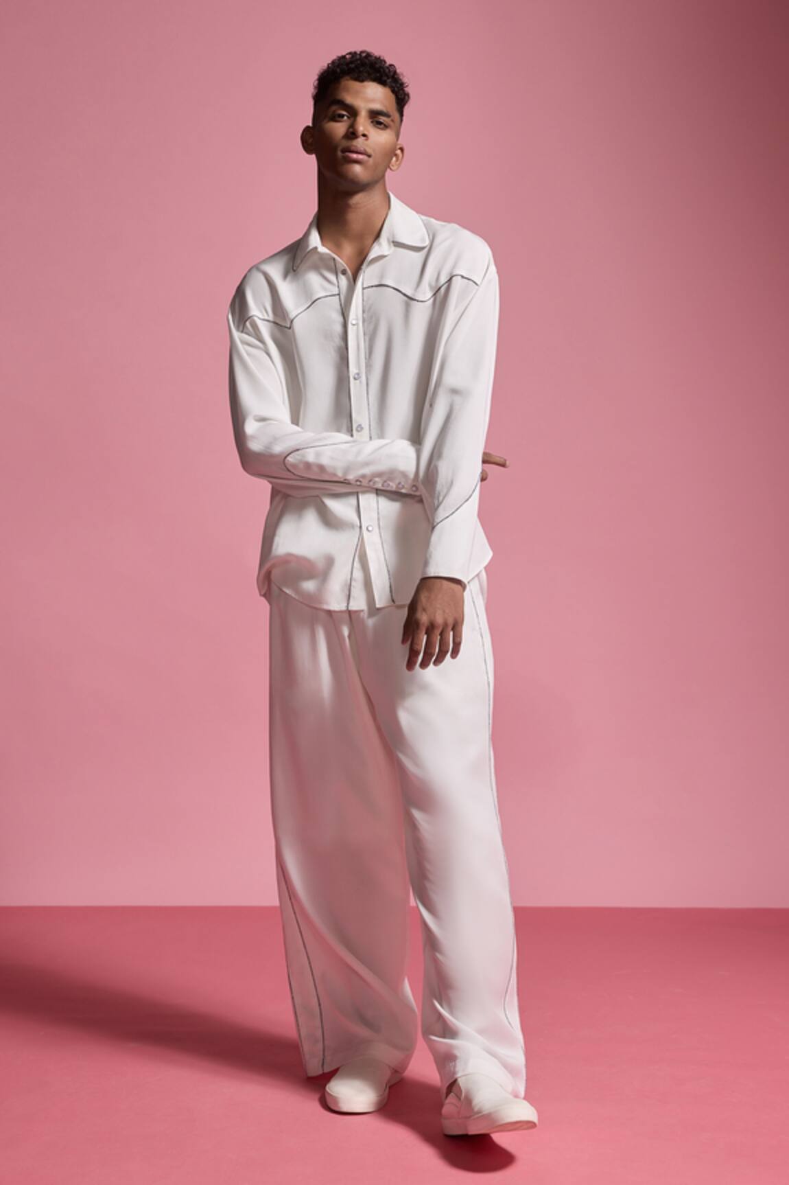 Dash And Dot Contrast Piped Shirt With Pant 