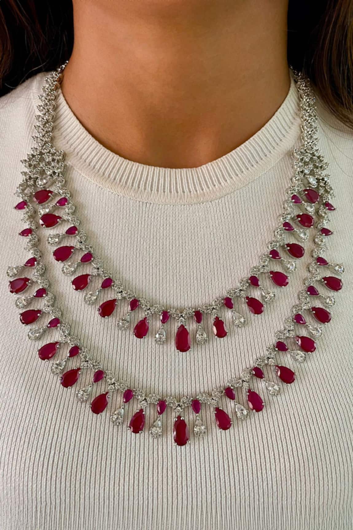 Prerto Layered Ruby Stone Tear Drop Necklace Set 