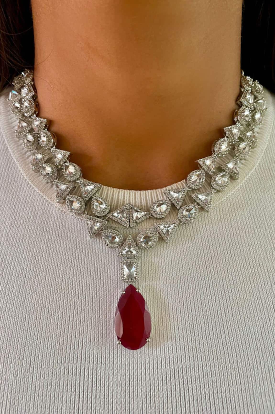 PRERTO Layered Teardrop Stone Embellished Necklace Set 