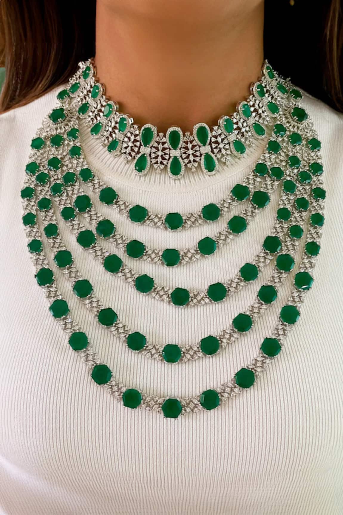 Prerto 5 Layered Diamond Embellished Set & Oval Diamond Embellished Choker Set 