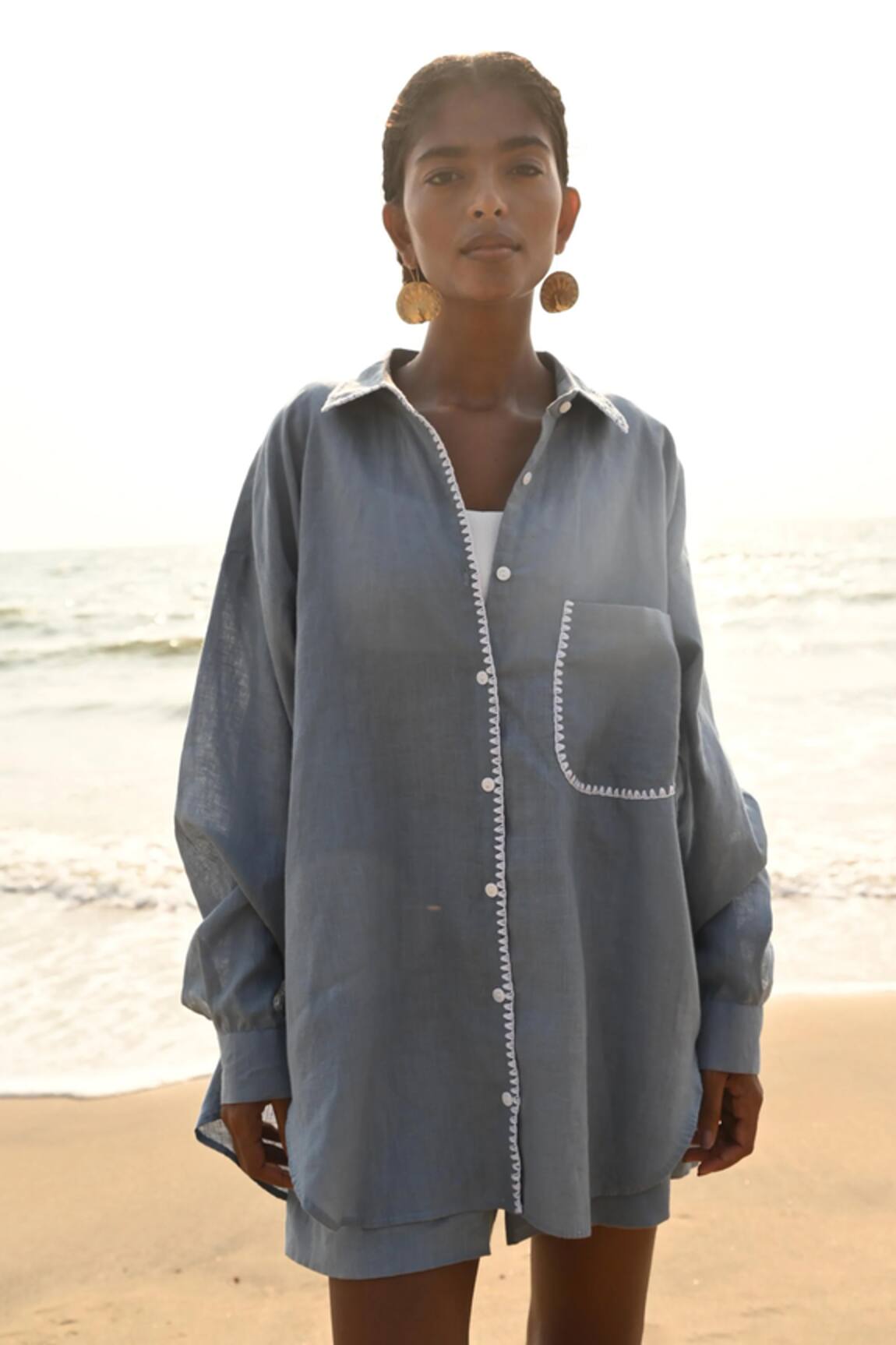 Shop Nirvanaa Irena Linen Embroidered Shirt