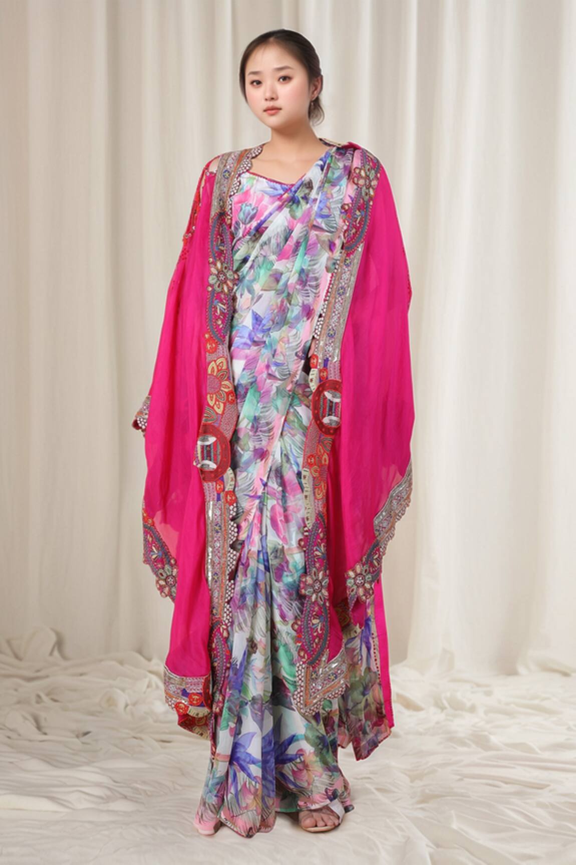 Anamika Khanna Tropical Print Saree Set With Cape 