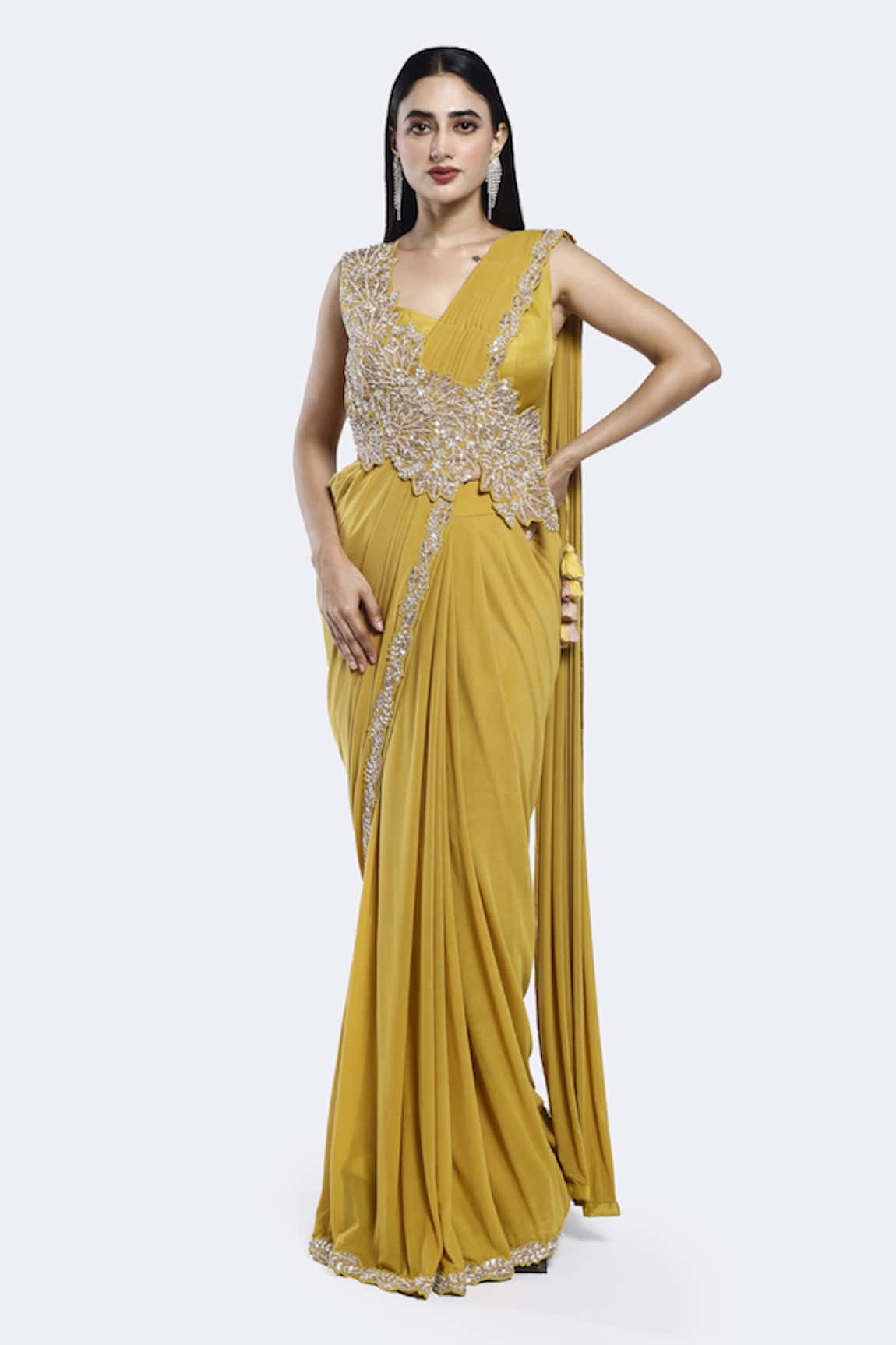 Onaya Attached Embellished Sash Pre-Draped Saree With Blouse