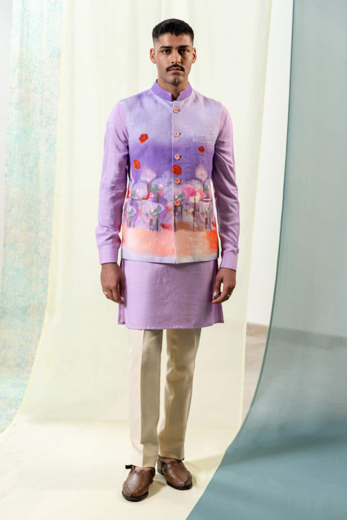 Philocaly Lavender Ombre Printed Bundi Kurta Set