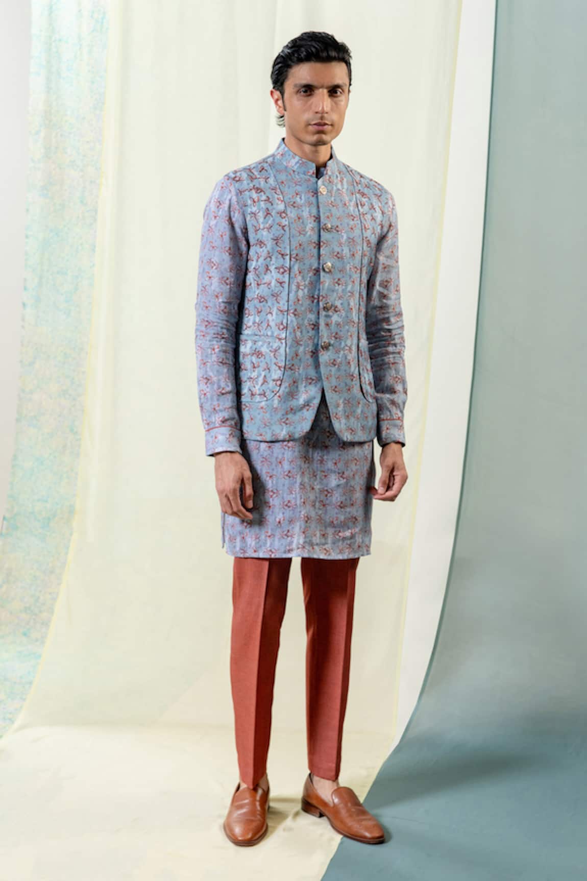 Philocaly Floral Print Bundi Kurta Set 