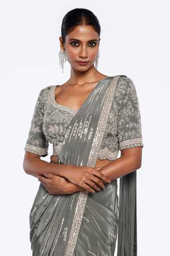 Buy Green Crepe Cut Work, Stripe Embellished Pre-stitched Saree