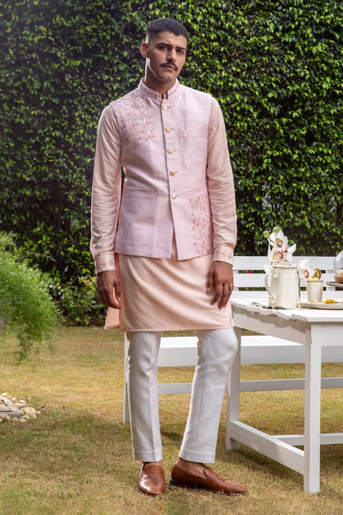 Philocaly Embroidered Pink Bundi & Kurta Set 