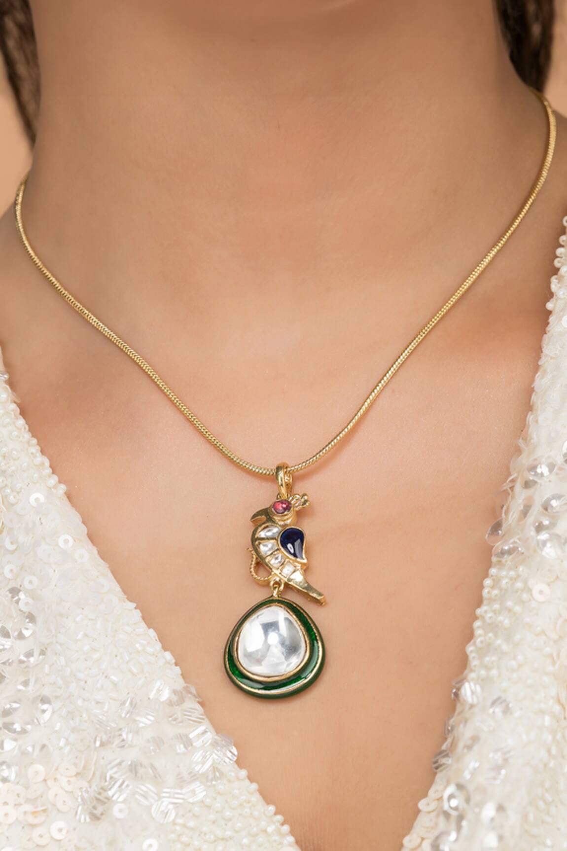 Vasundhara Parizad Studded Parrot Dop Pendant Necklace