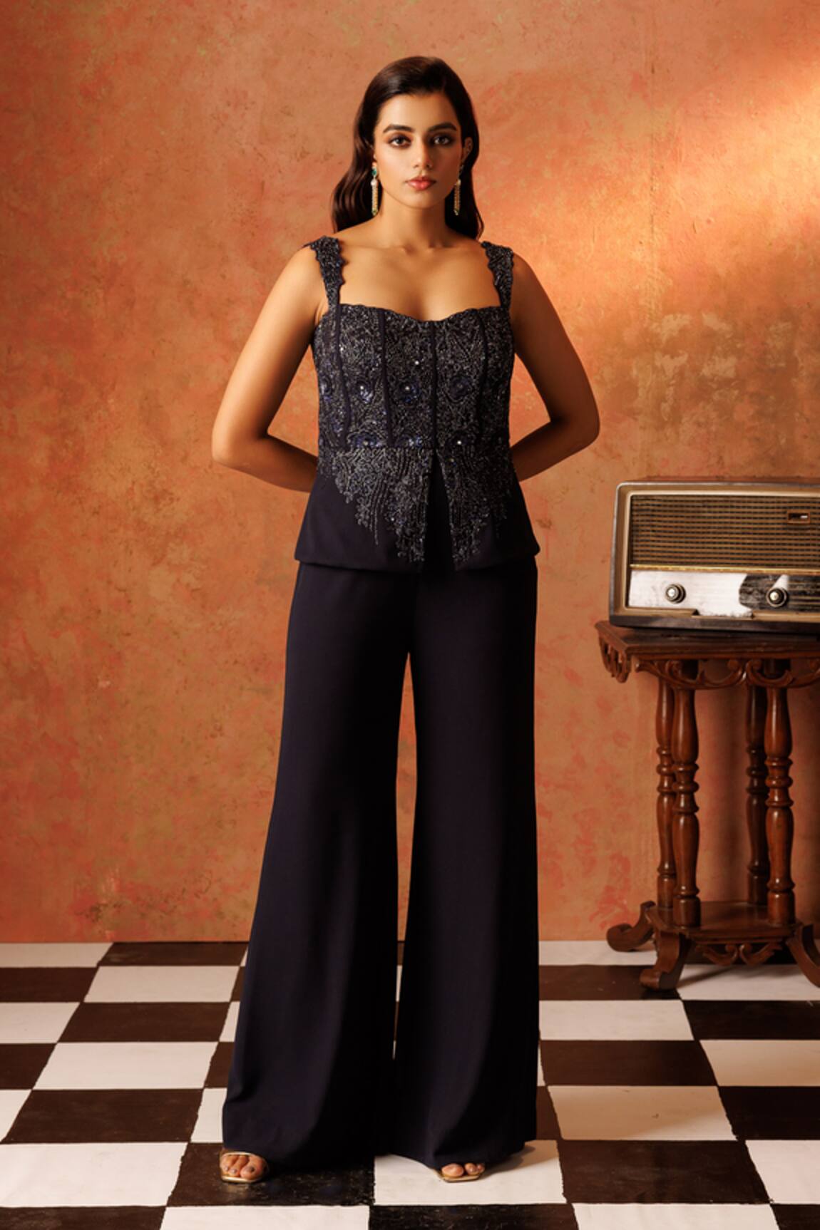 Rishi And Soujit Floral Embroidered Peplum Top With Flared Pant 