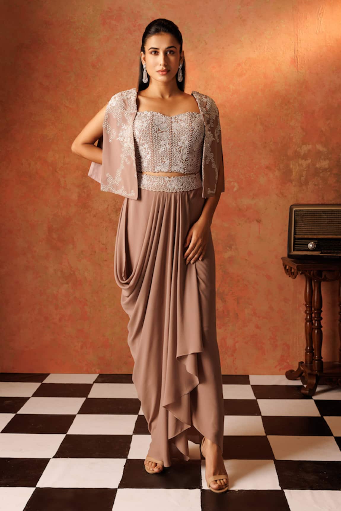 Rishi and Soujit Floral Embroidered Corset With Draped Skirt 