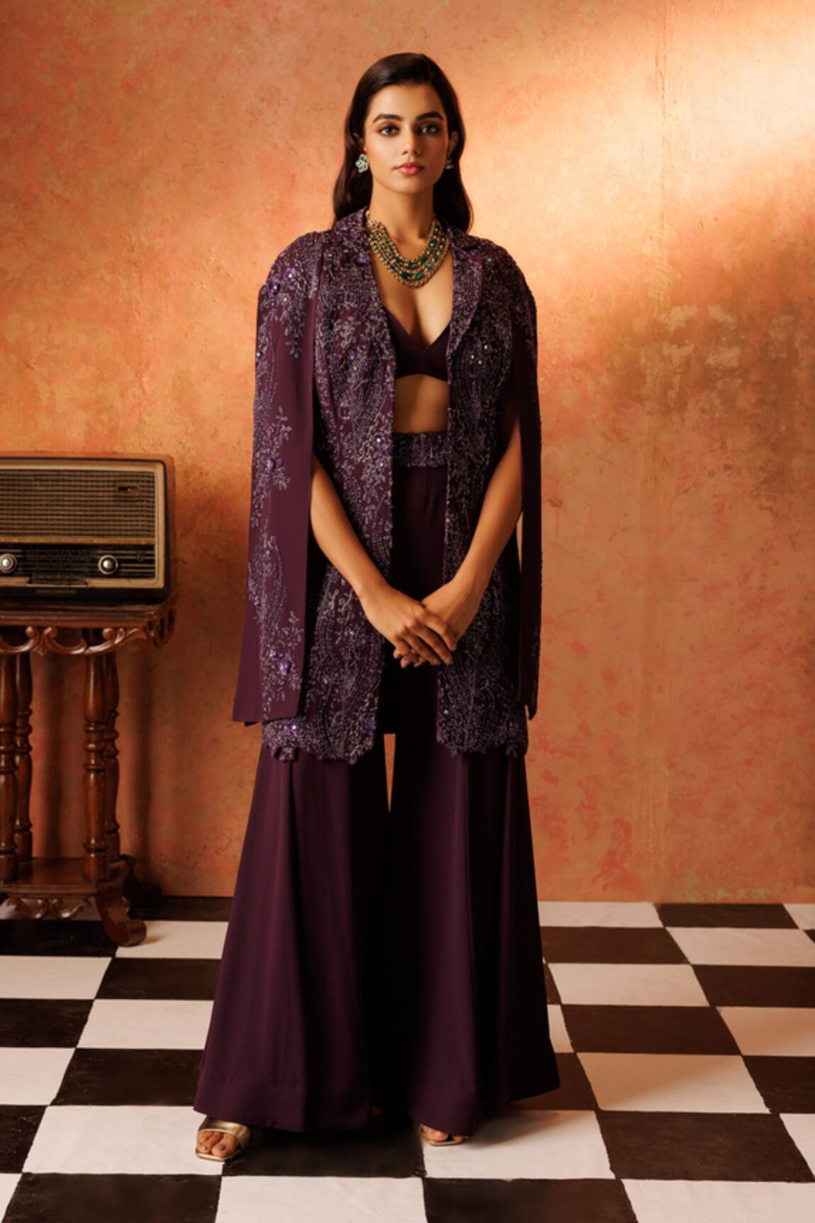 Rishi and Soujit Floral Pearl Embroidered Cape & Flared Pant Set 