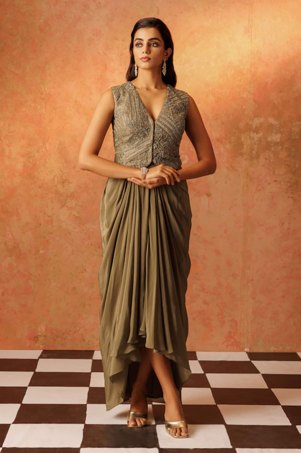 Rishi And Soujit Floral Pearl Embroidered Waistcoat With Draped Skirt 