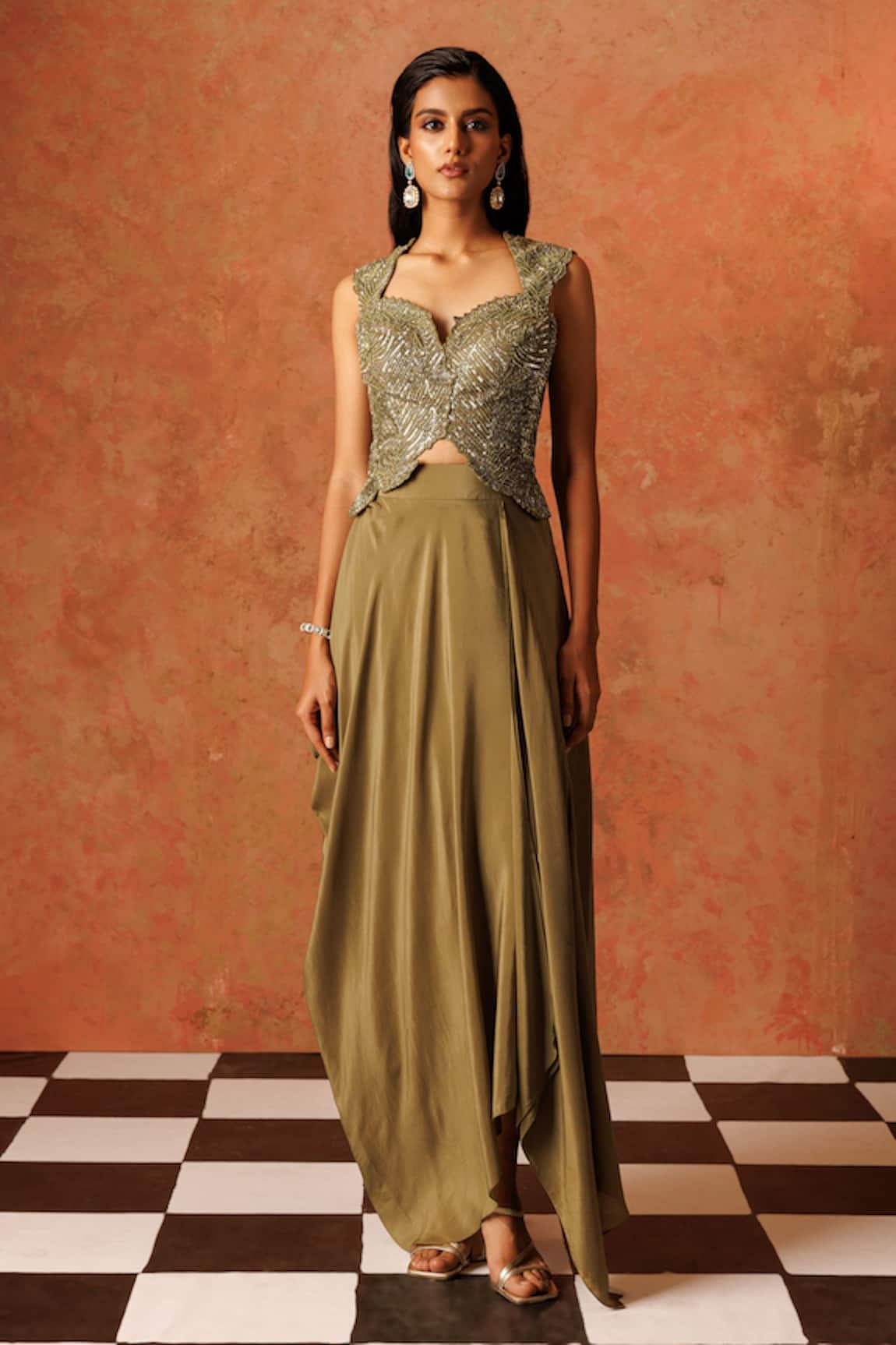 Rishi And Soujit Sequin Embroidered Corset With Draped Skirt 