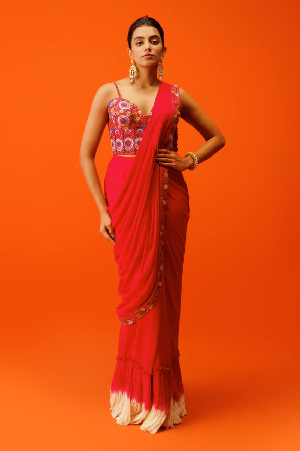 Rishi And Soujit Border Embroidered Pre-Draped Saree With Corset 