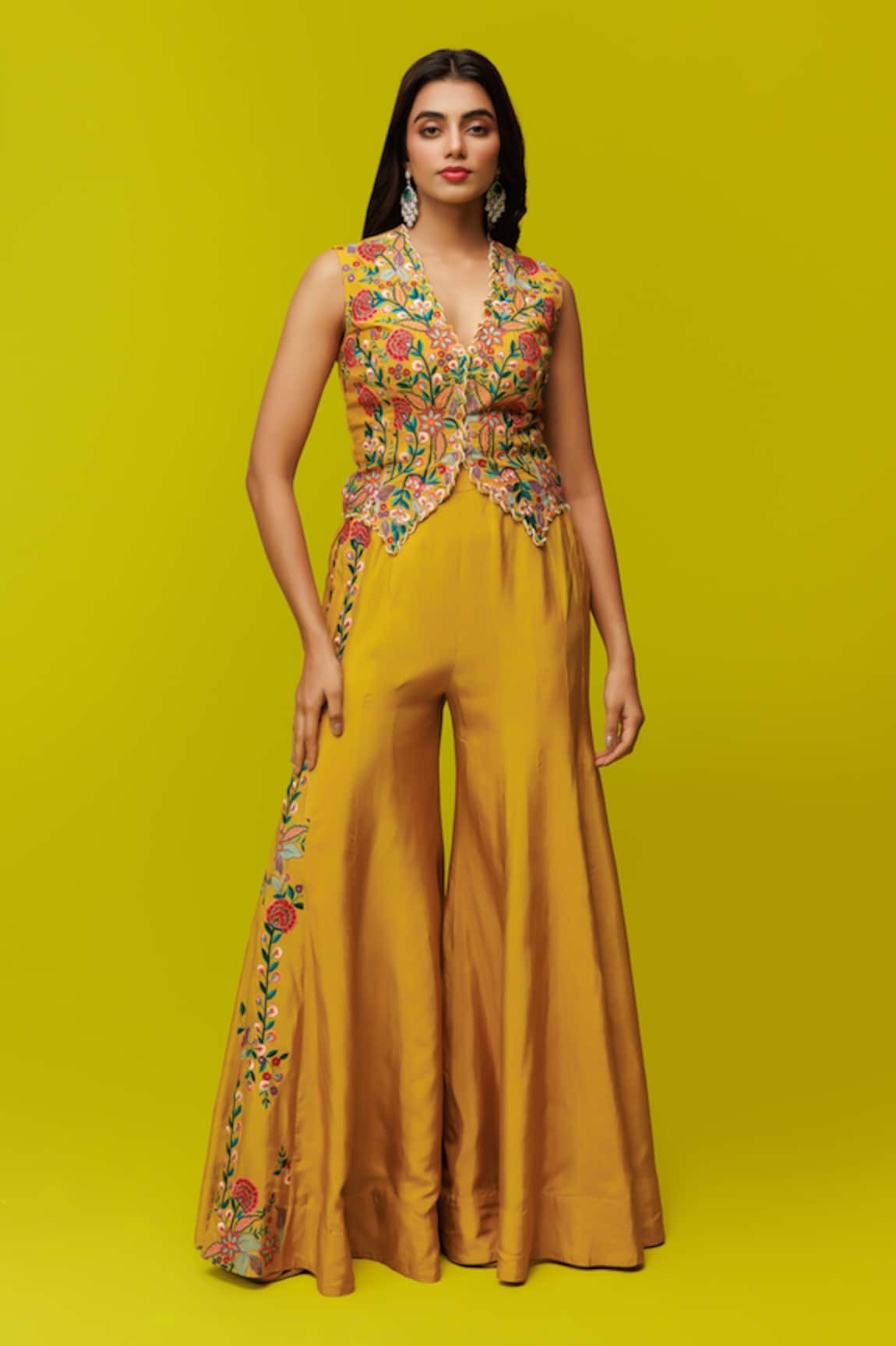 Rishi And Soujit Floral Embroidered Waistcoat & Flared Pant Set 