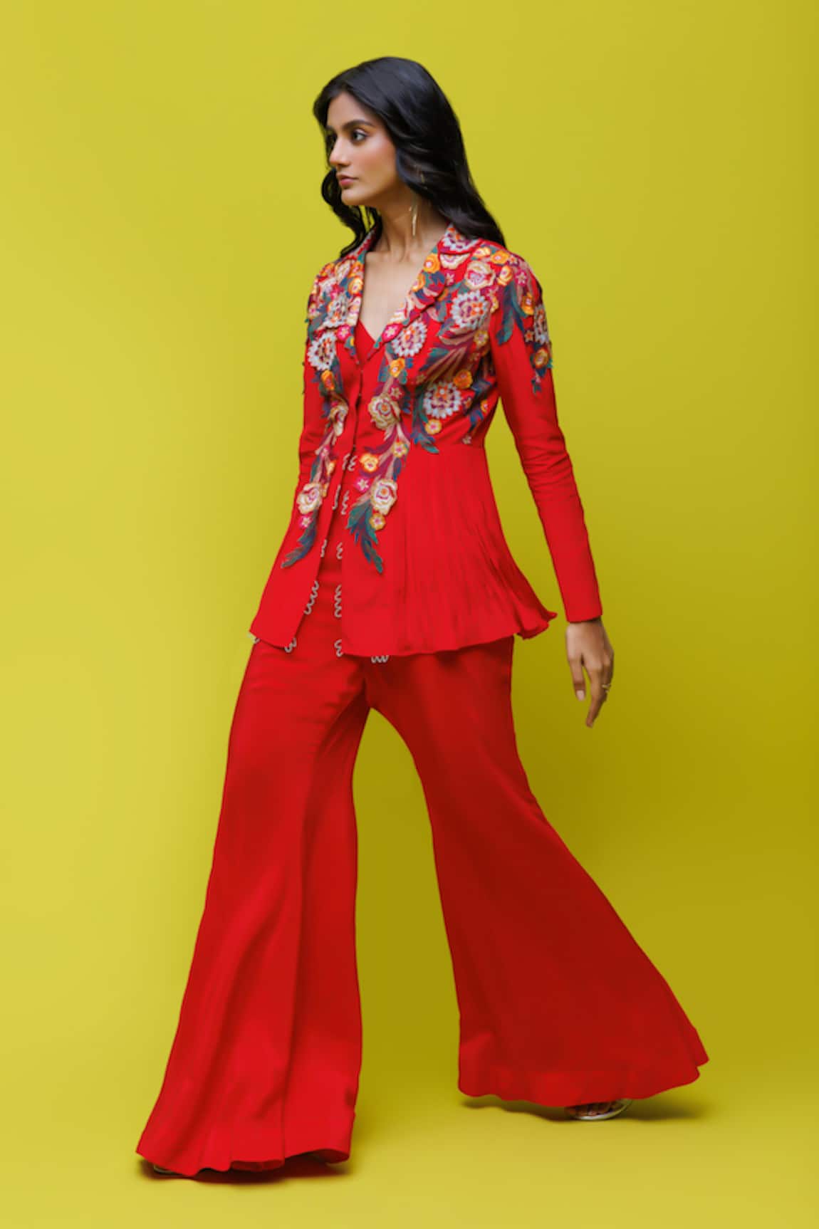 Rishi And Soujit Floral Embroidered Jacket & Flared Pant Set 