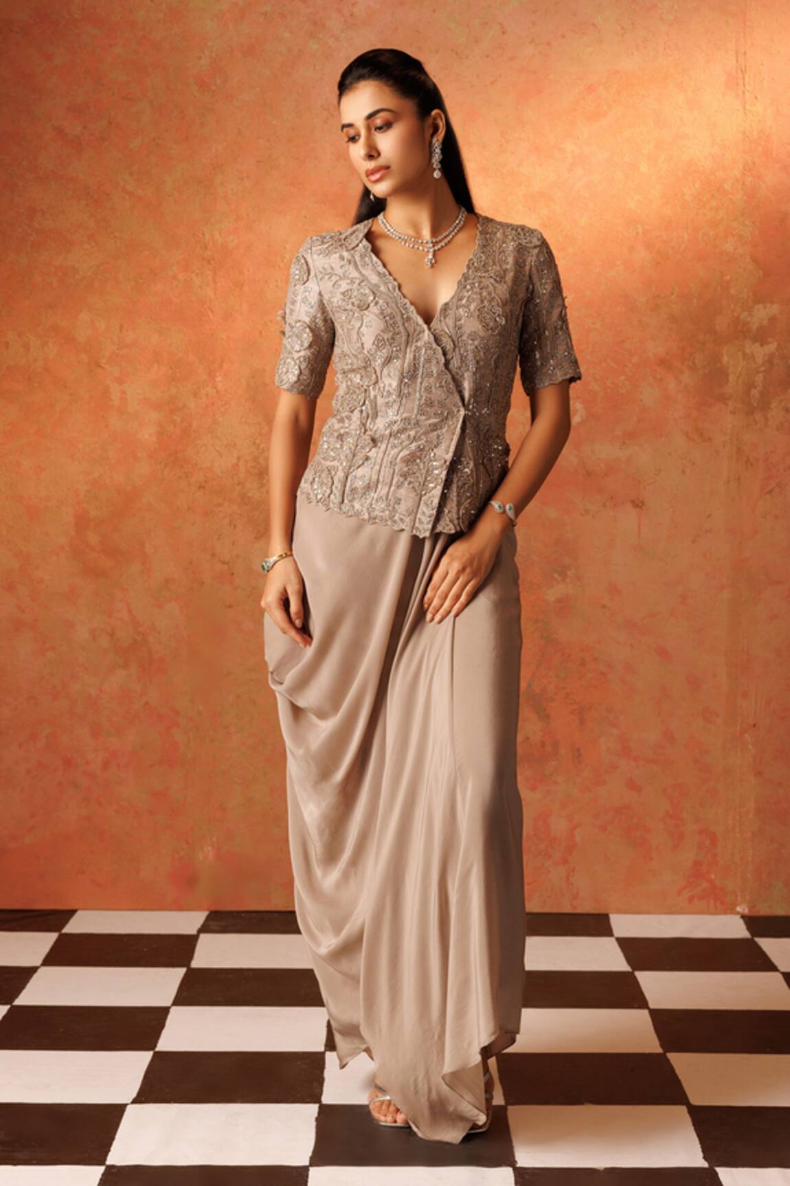 Rishi And Soujit Flower Embroidered Wrapped Tunic With Skirt 