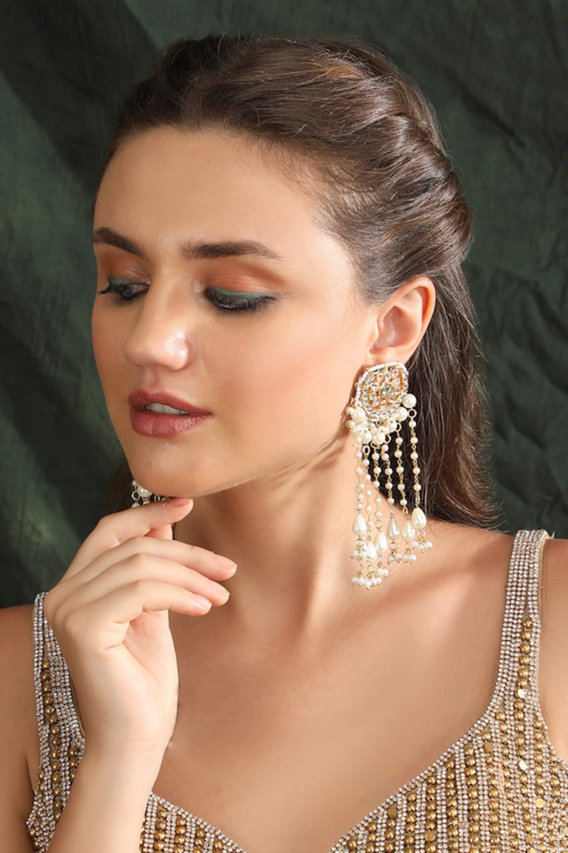 Auraa Trends Crystal Studded Crecent Tassel Earrings 