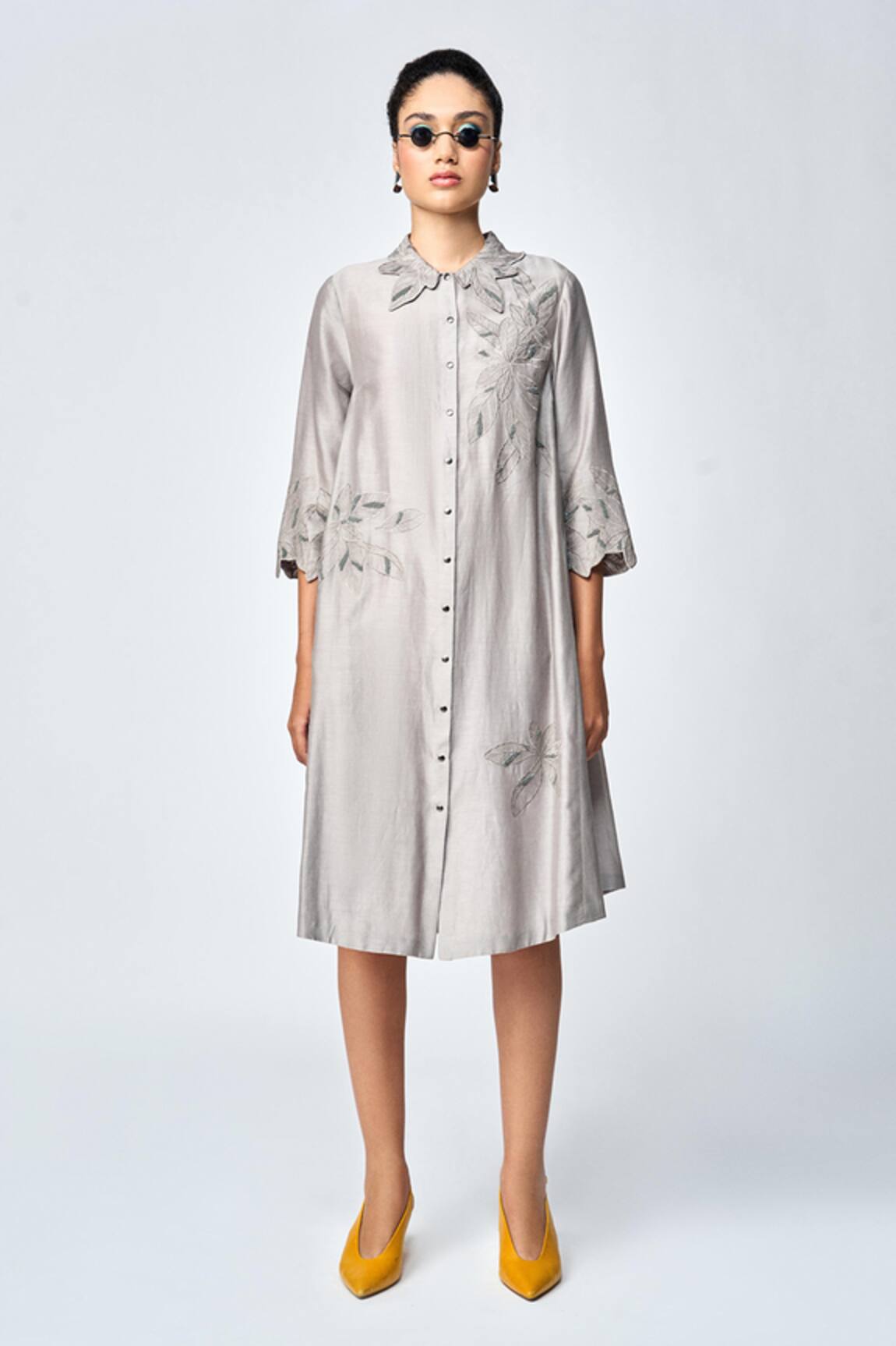 Shahin Mannan Leaf Embroidered Shirt Dress