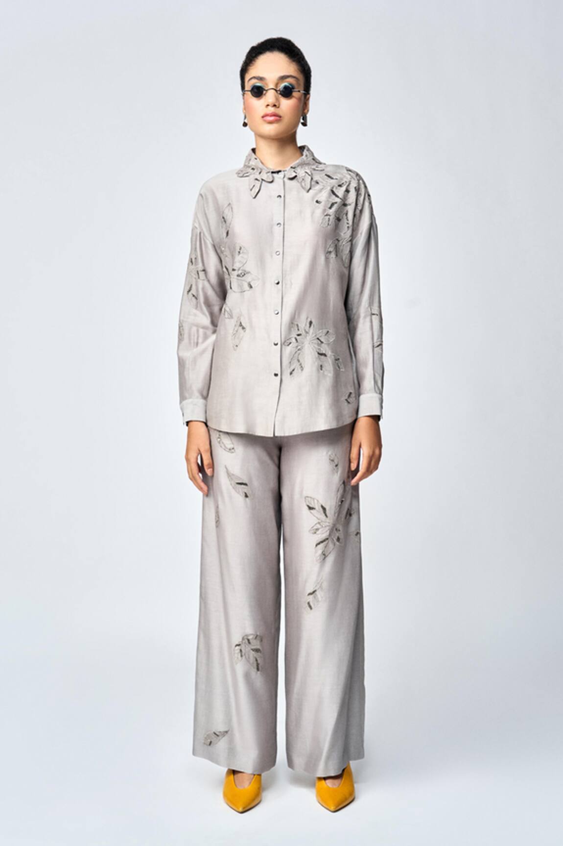 Shahin Mannan Leaves Embroidered Asymmetric Shirt With Pant