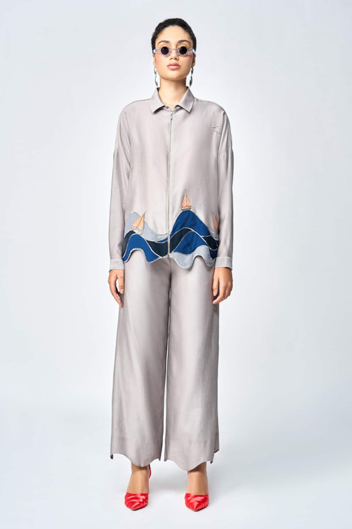 Shahin Mannan Wave & Boat Applique Work Shirt With Pant