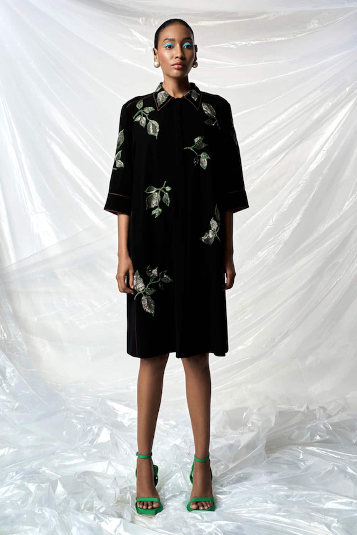 Shahin Mannan Hazel Leaves Embroidered Dress 