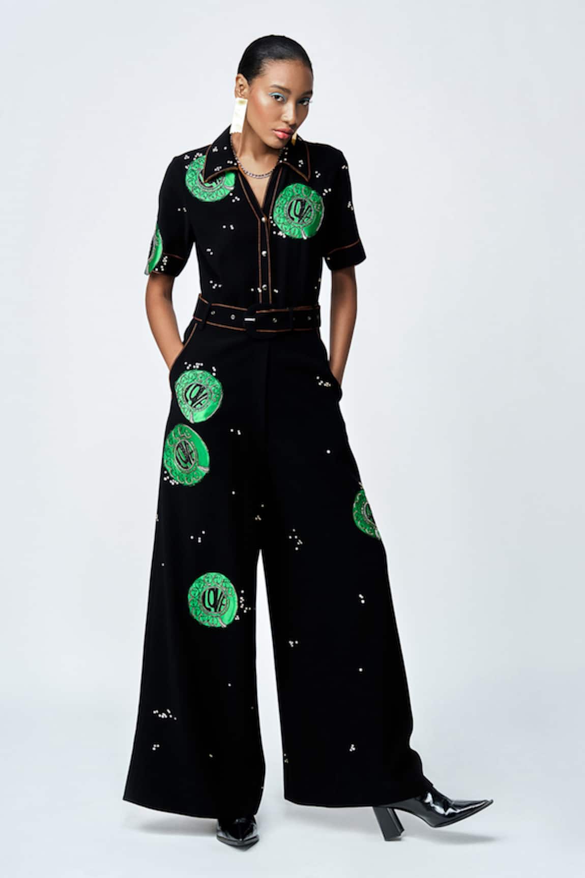 Shahin Mannan Telephone Dial Embroidered Jumpsuit With Belt