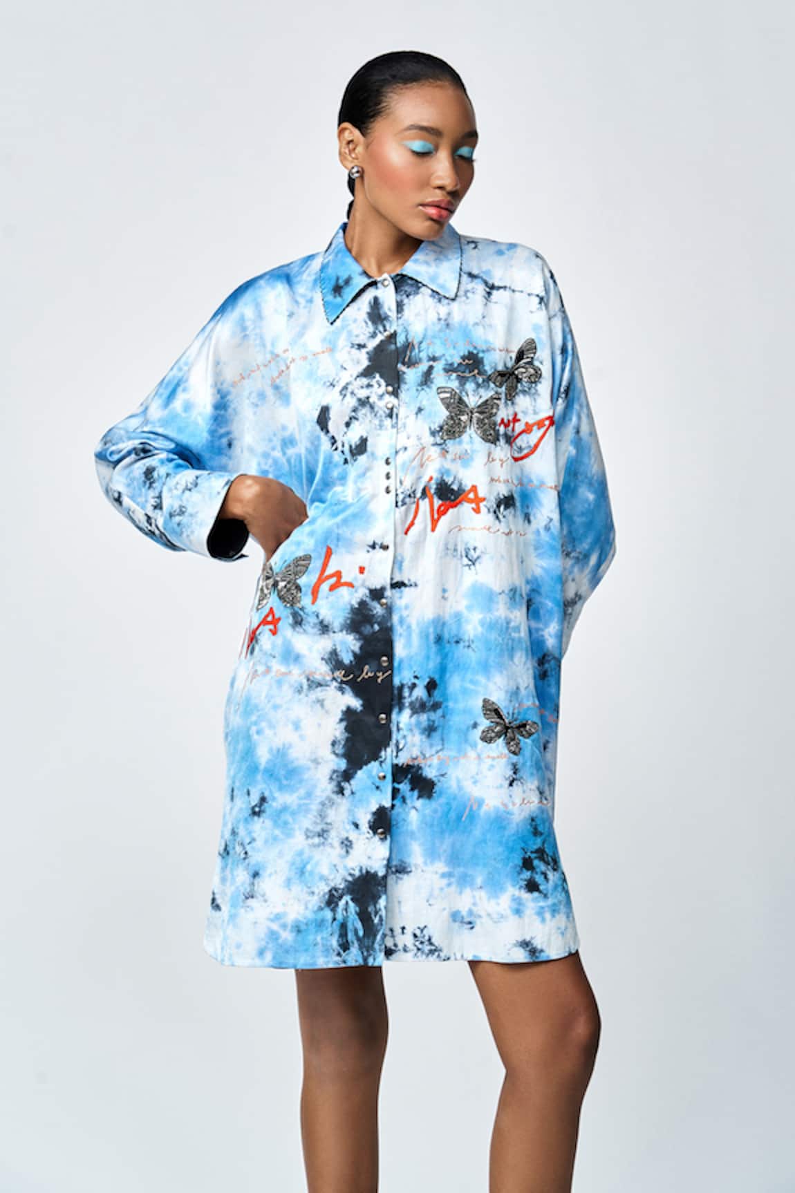 Shahin Mannan Butterfly Scribble Embroidered Shirt Dress 