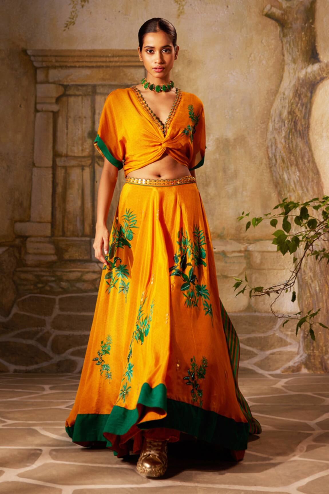 Basil Leaf Tropical Embroidered Twisted Bodice Lehenga Set 
