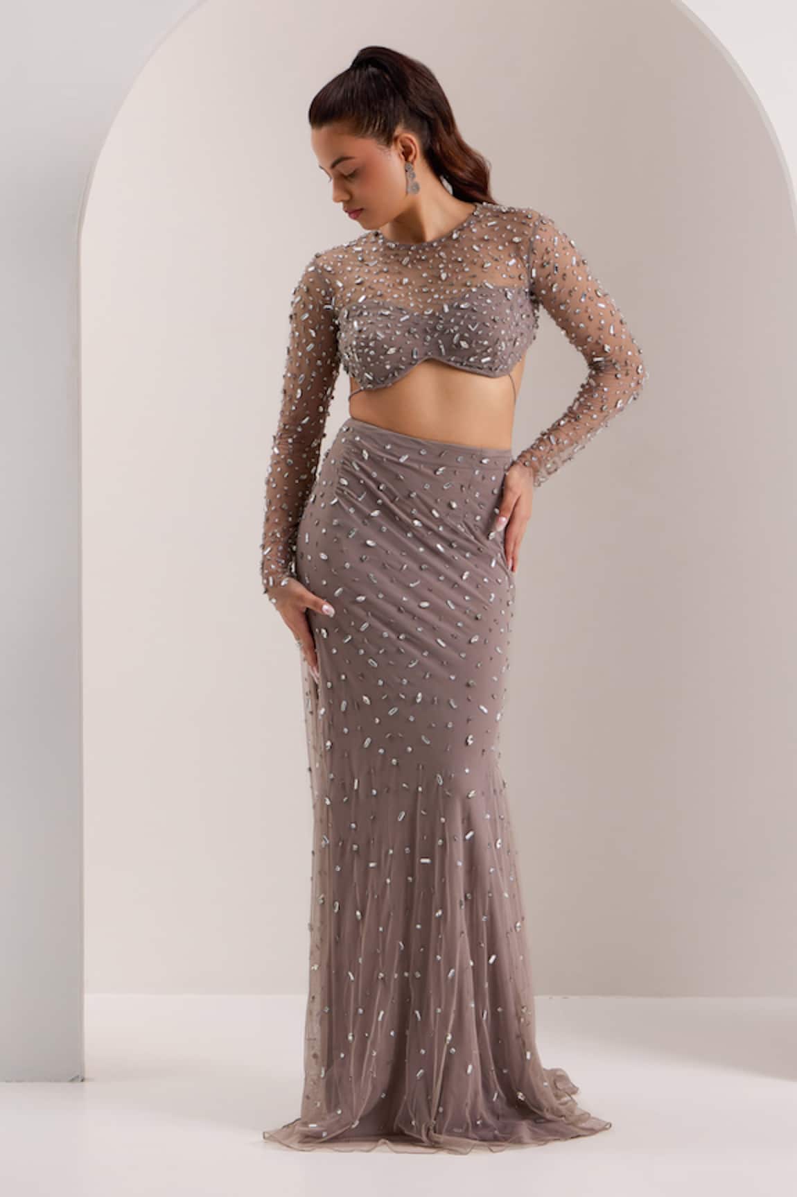 SILKY BINDRA Elinor Crystal Embellished Bodycon Trail Lehenga With Blouse 
