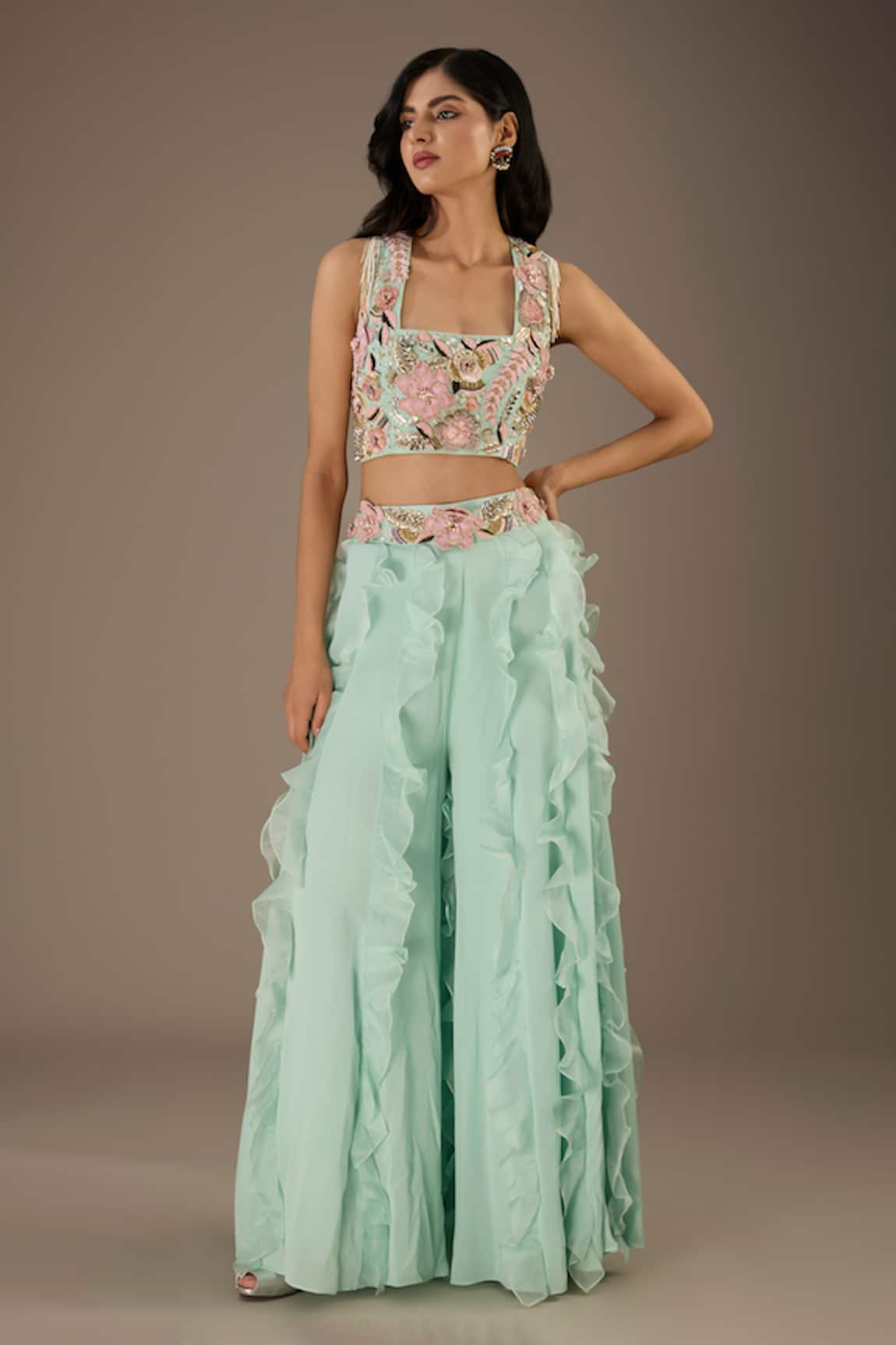 Payal Singhal 3D Bloom Garden Embroidered Choli With Ruffled Sharara 