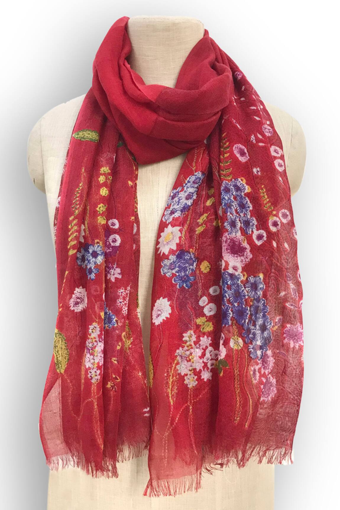 Pashma Bordeaux Wildflowers Silk Cashmere Scarf