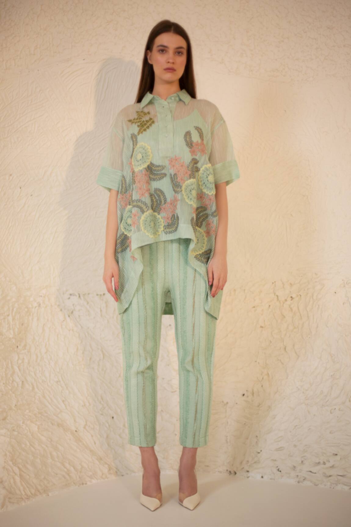 Oja Floral Applique Work Shirt With Pant 