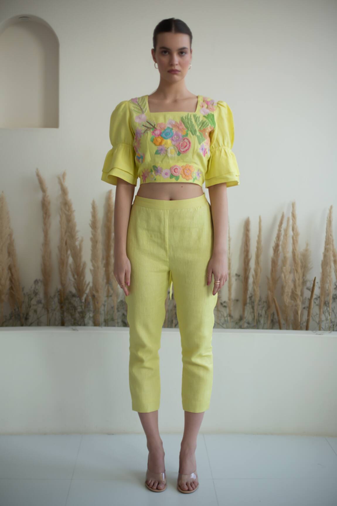 Oja Floral Beads Embroidered Crop Top With Pant 