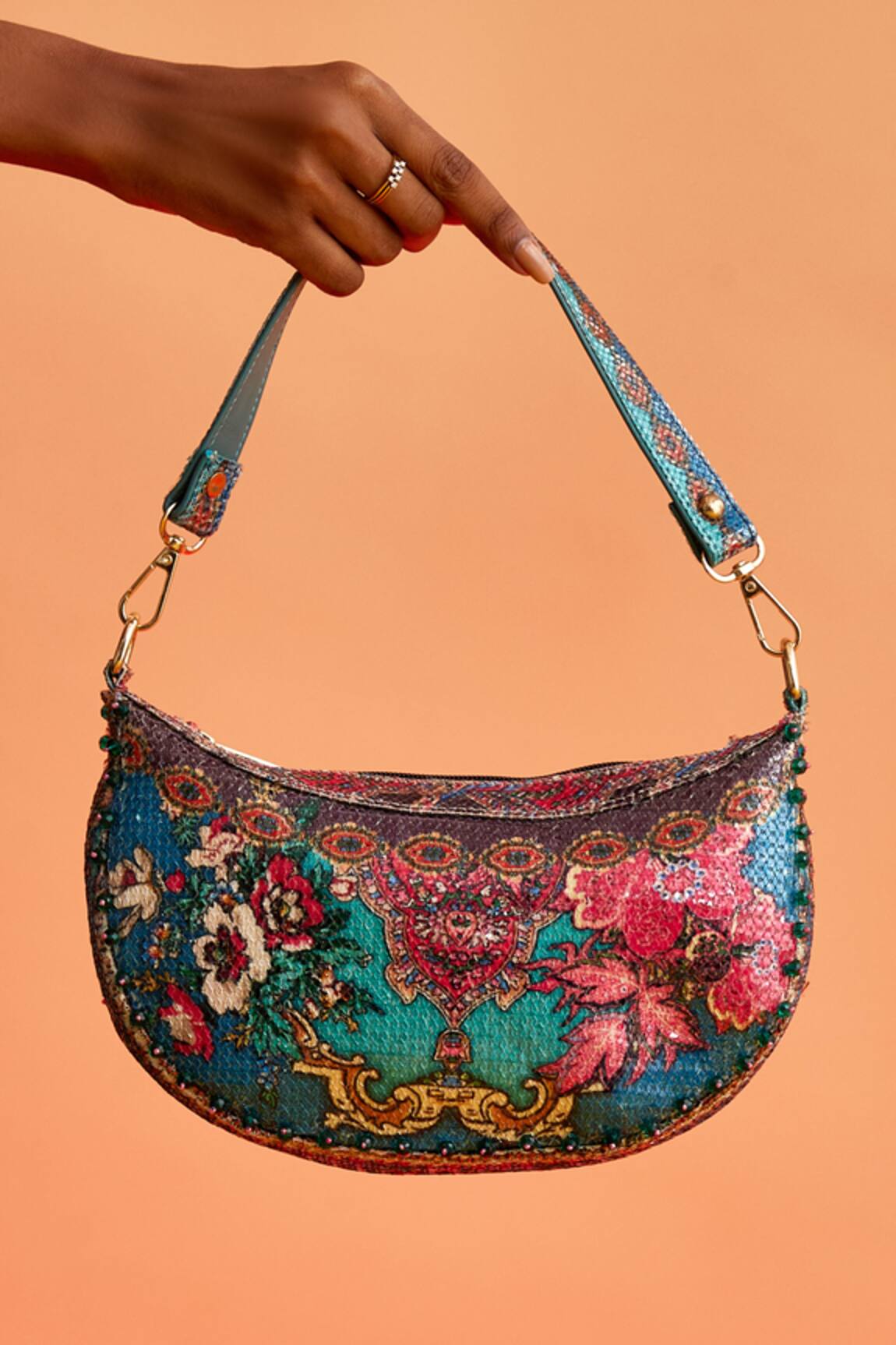 The Garnish Company Thalia Floral Print Sequined Crecent Bag