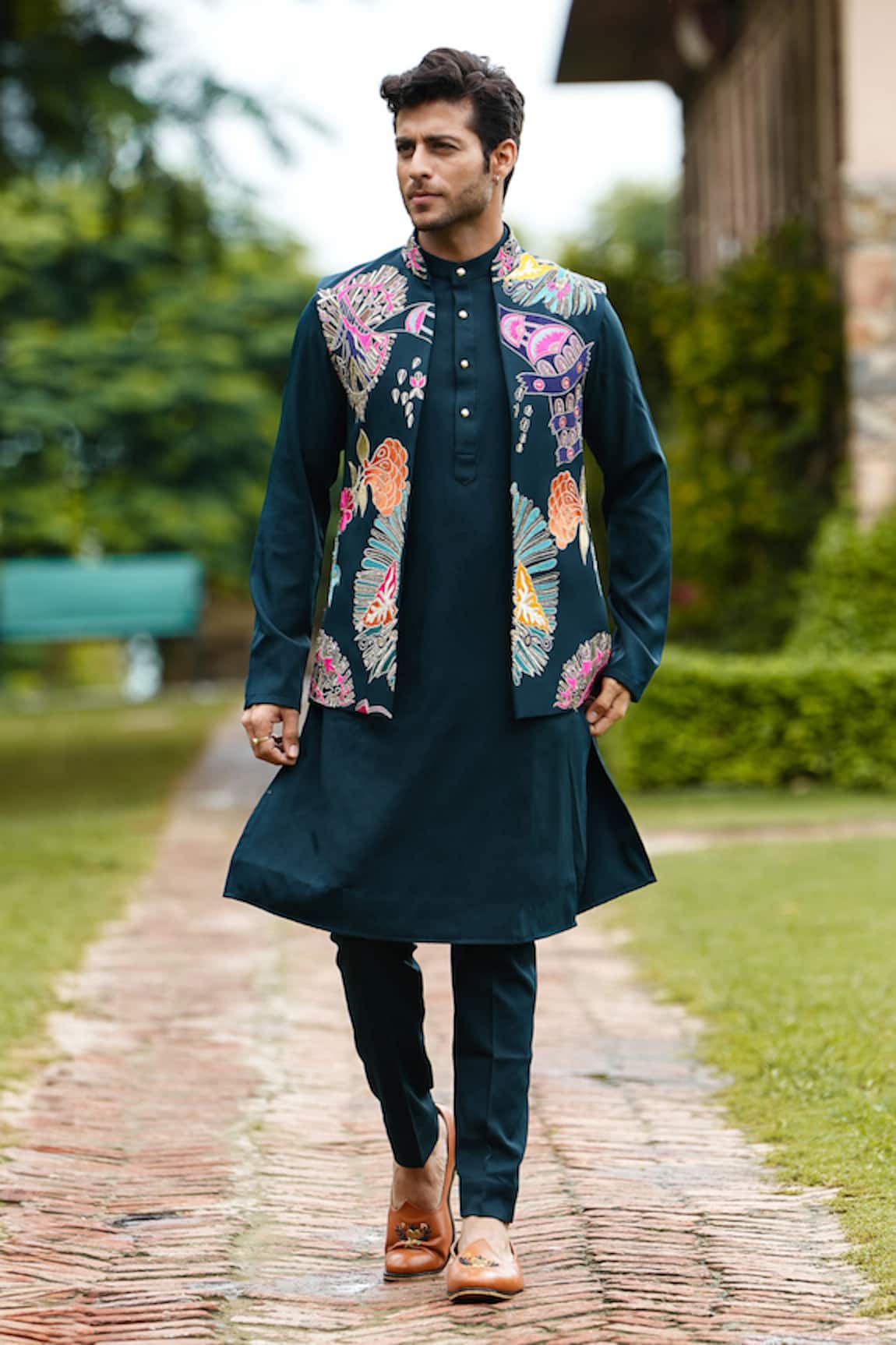 Courtyard By Abhi Floral Embroidered Bundi & Kurta Set