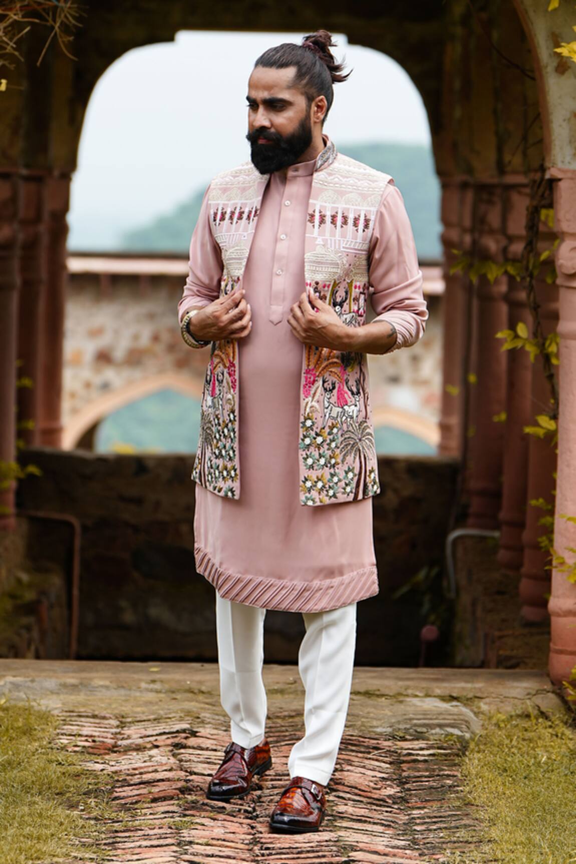 Courtyard By Abhi Cutdana Embroidered Peach Bundi & Kurta Set