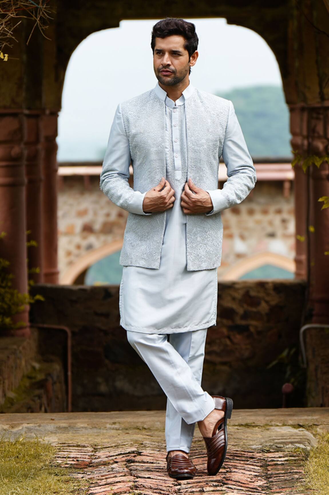 Courtyard By Abhi Bead Embroidered Bandhgala Set