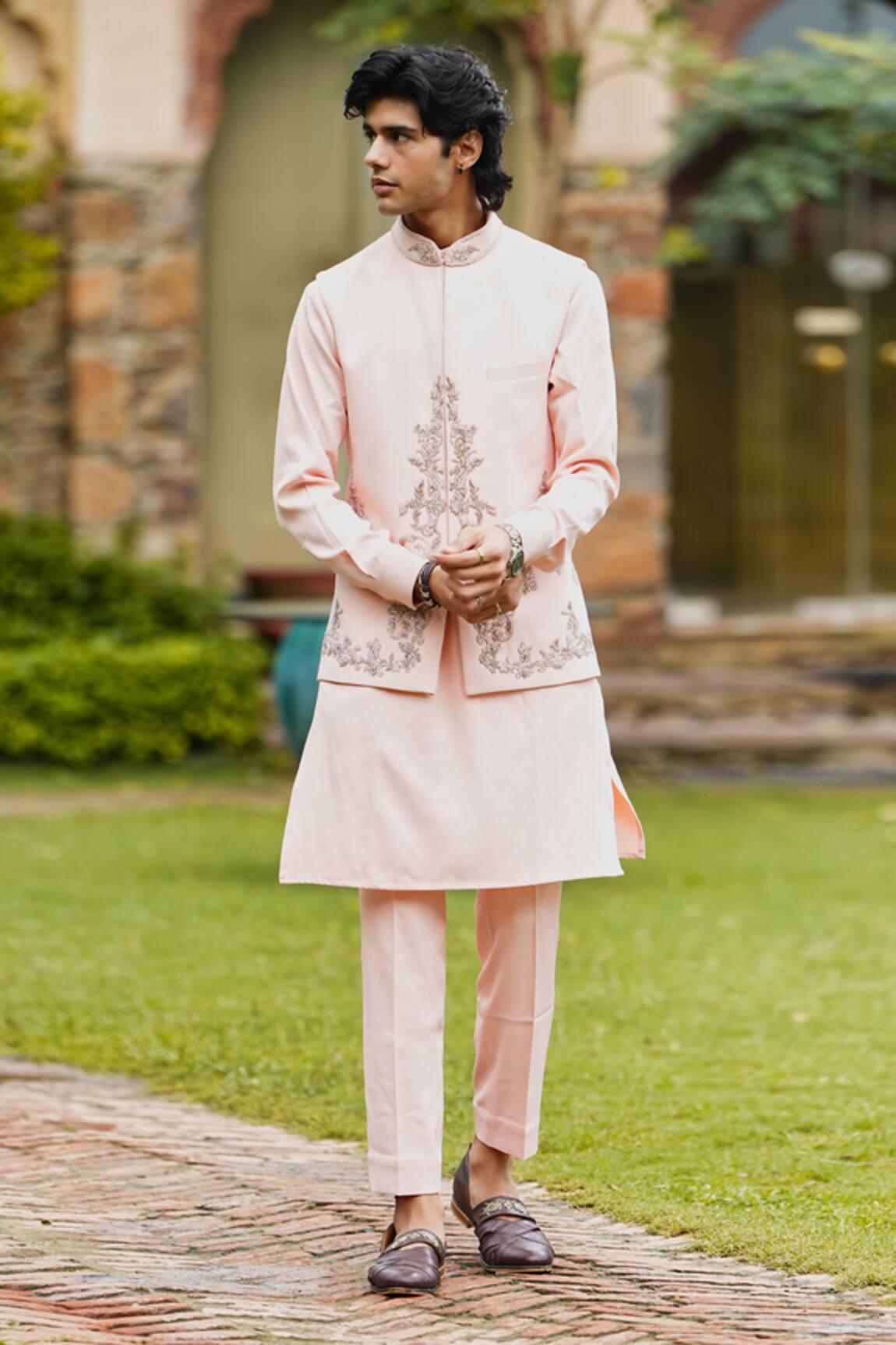 Courtyard By Abhi Floral Embroidered Bundi & Kurta Set