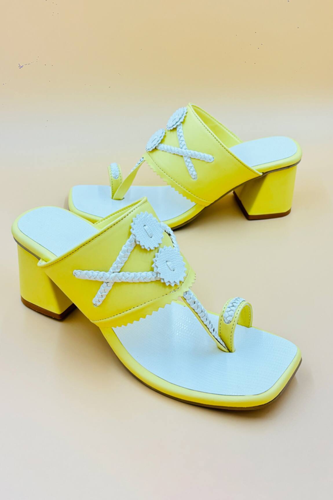 Shiveen Shiveen Yellow Braided Woven Strap Kolhapuri Heels 
