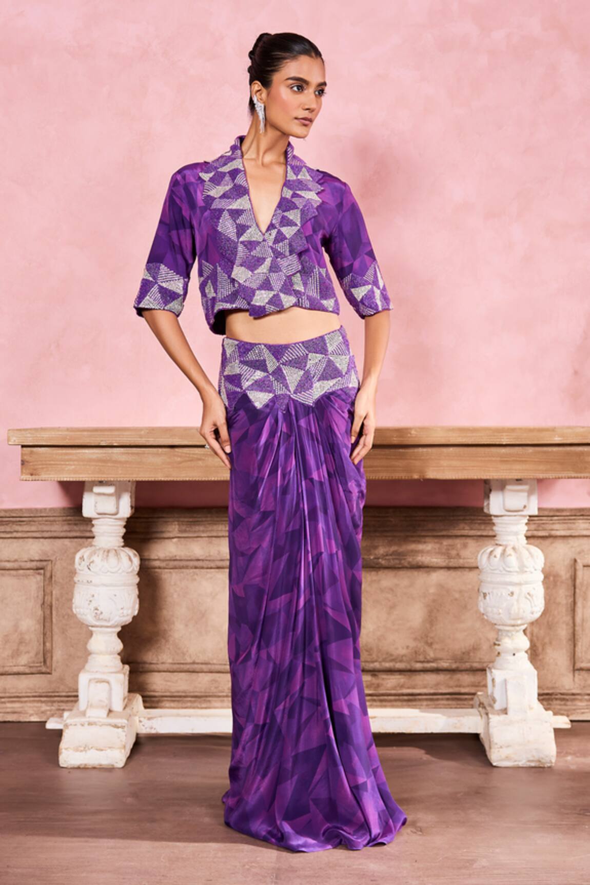 Krisha Sunny Ramani Geometric Hand Embroidered Jacket With Skirt